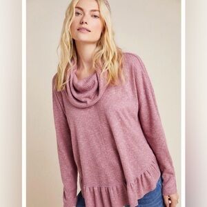 ANTHROPOLOGIE MAEVE Addie Ruffled Hacci Cowl Neck Sweater Mauve Size Small